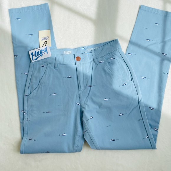 Mugsy Mens Waverunner Chino Pants 31x30 GOOD VIBES Light Blue Stretchy Jet Ski - Picture 3 of 9